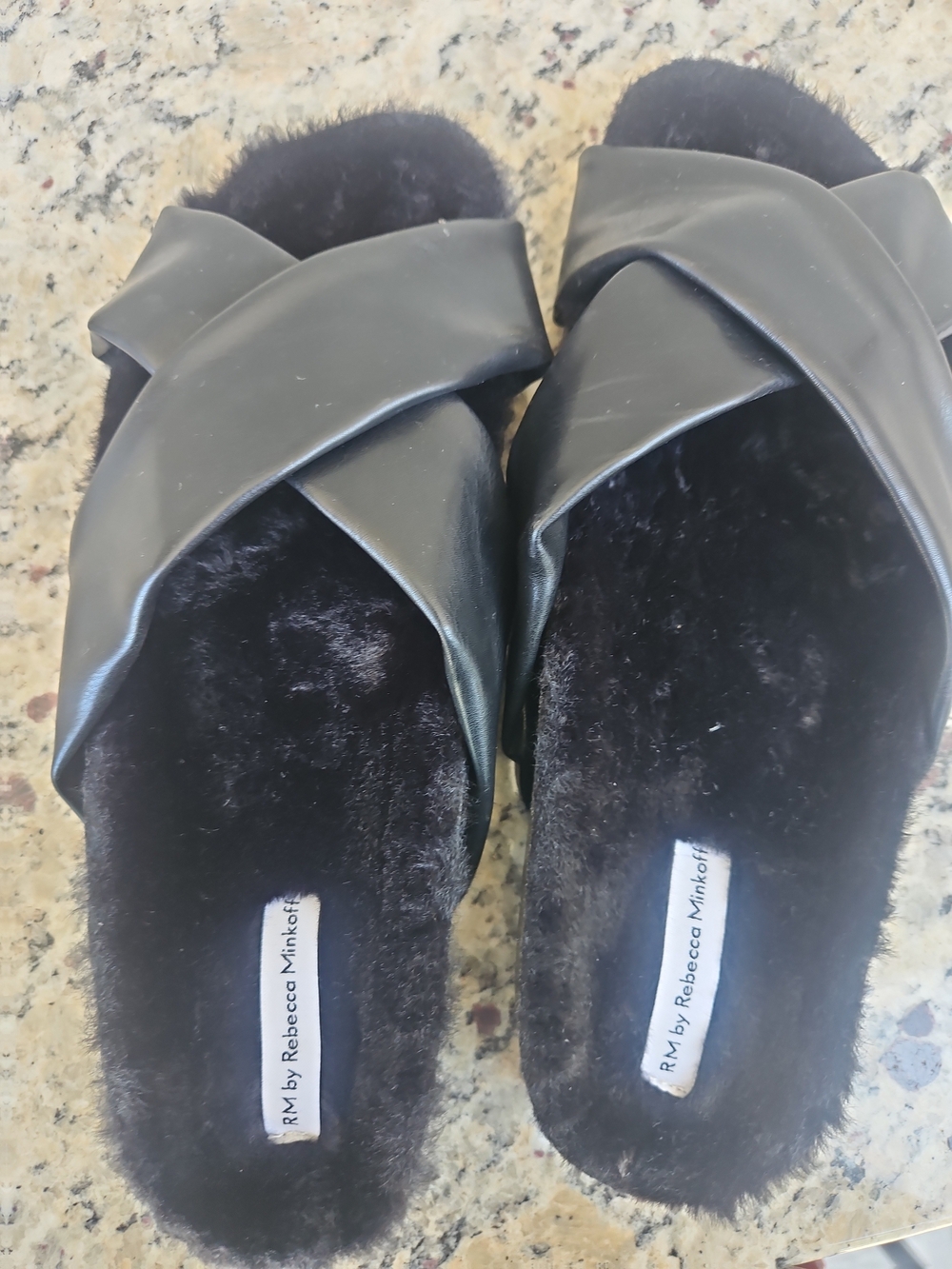 Rebecca Minkoff Black Faux-Fur Crossover Slide Slippers